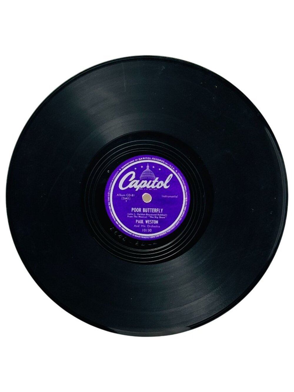 Paul Weston Poor Butterfly 10in Shellac 78 RPM Capitol Records 10130 Vintage